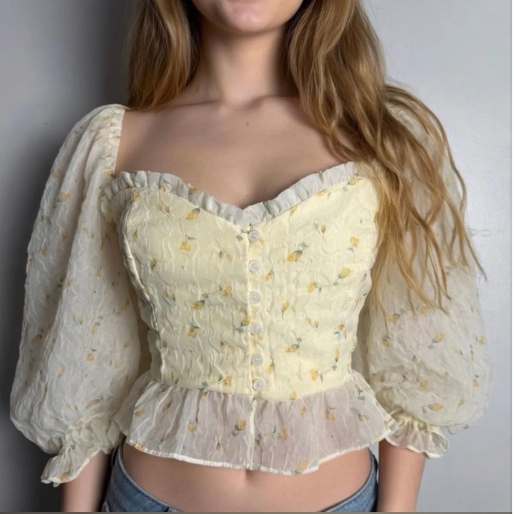FORE Light Yellow Floral Puff Sleeve Crop Corset Top Sheer Ruffle Size L